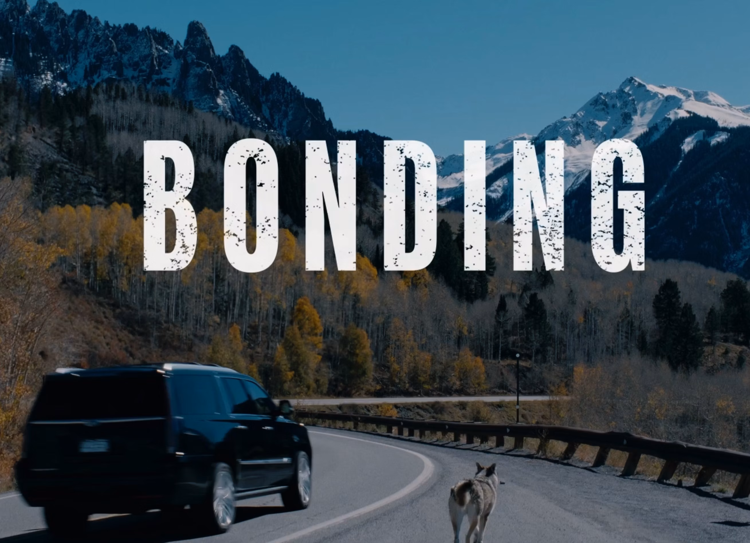A car driving on a mountain road with the word 'BONDING' overlaid.
